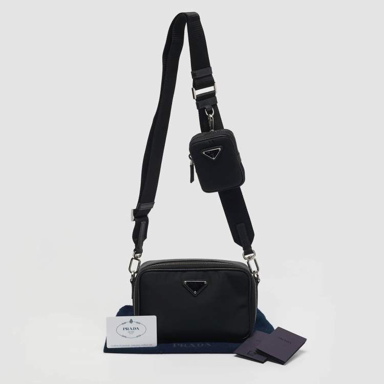 Pre Owned Prada Brique Black Re-Nylon and Saffiano Lux Leather Crossbody Bag
