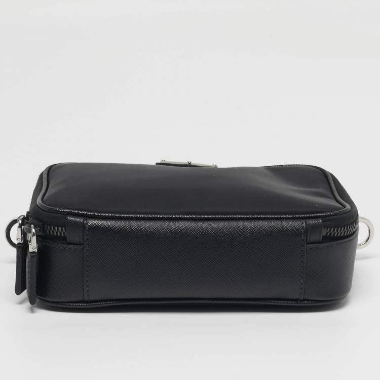 Pre Owned Prada Brique Black Re-Nylon and Saffiano Lux Leather Crossbody Bag