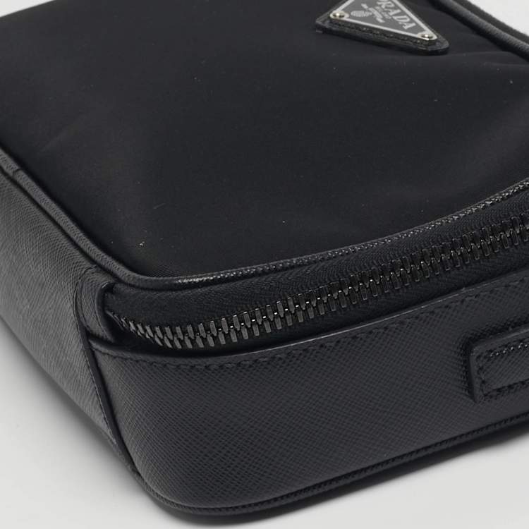 Pre Owned Prada Brique Black Re-Nylon and Saffiano Lux Leather Crossbody Bag
