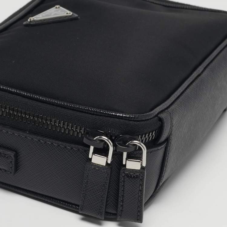 Pre Owned Prada Brique Black Re-Nylon and Saffiano Lux Leather Crossbody Bag