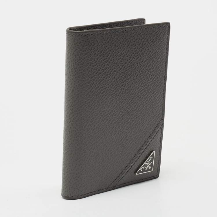 Pre Owned Prada Grey Leather Logo Bifold Card Case