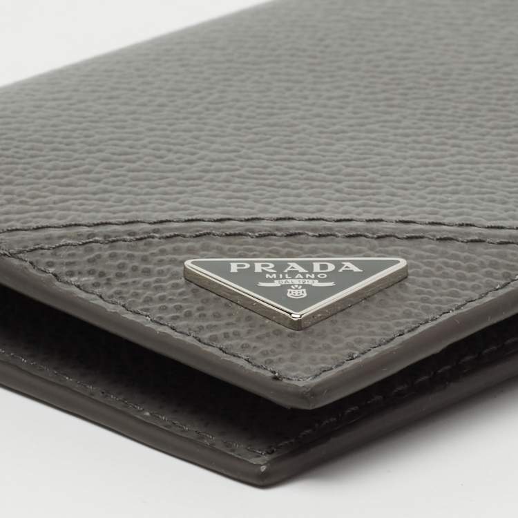 Pre Owned Prada Grey Leather Logo Bifold Card Case