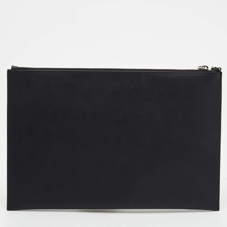 Pre Owned Prada Black Saffiano Lux Leather Zip Slim Pouch