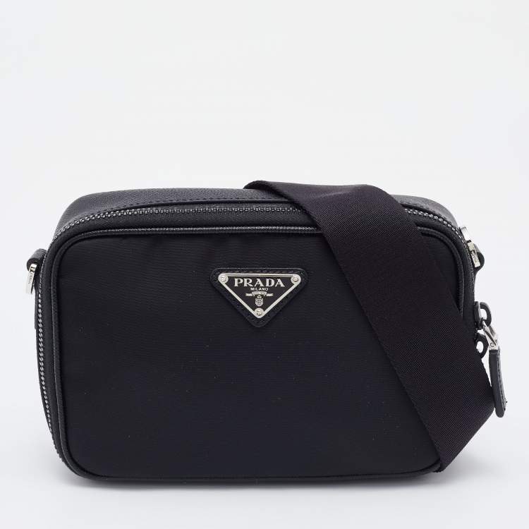 Prada Ladies Black Leather And Re-nylon Cross-body Bag