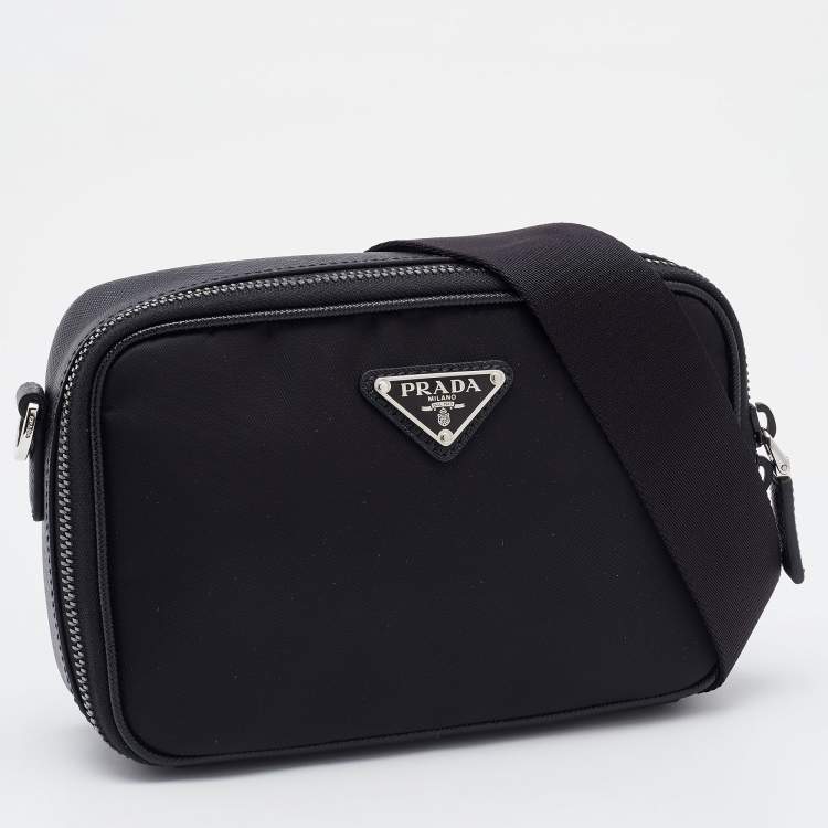 Pre Owned Prada Black Re-Nylon and Saffiano Leather Brique Crossbody Bag