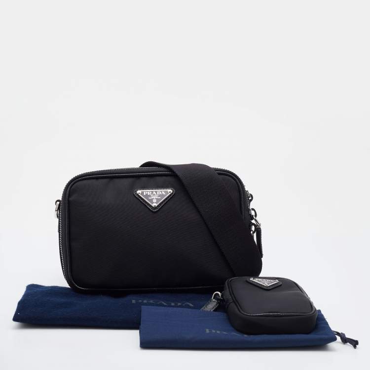 Pre Owned Prada Black Re-Nylon and Saffiano Leather Brique Crossbody Bag