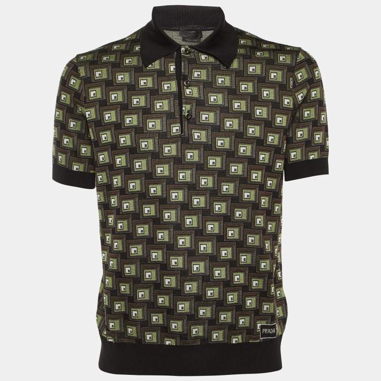 Pre Owned Prada Black/Brown Geometric Pattern Silk & Cotton Polo T-Shirt M