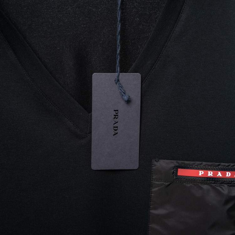 Pre Owned Prada Black Cotton Rubber Logo Nylon Pocket V-Neck T-Shirt M