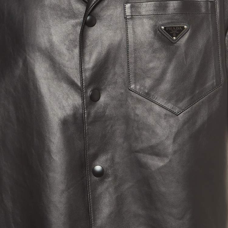 Pre Owned Prada Black Nappa Leather Metal Logo Embellished Shorts and Shirt Set M