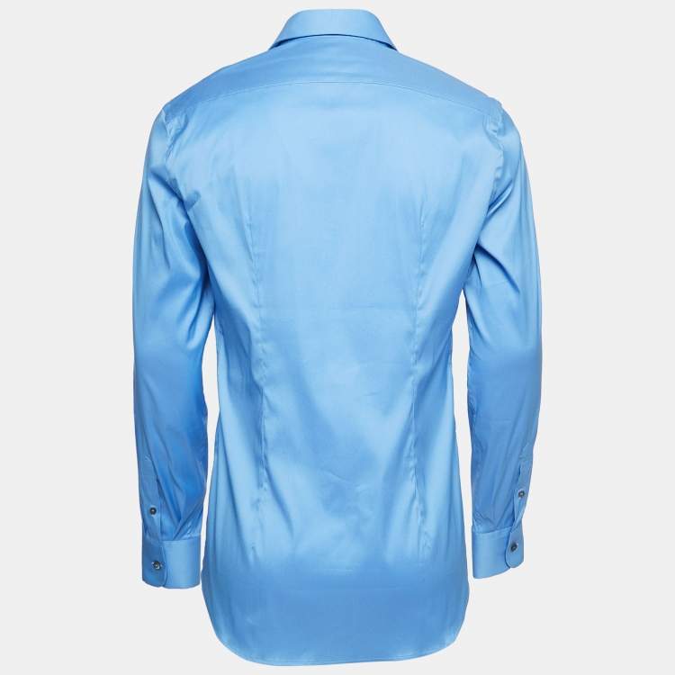Pre Owned Prada Blue Logo Applique Stretch Cotton Full Sleeve Shirt M