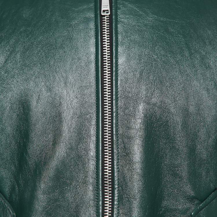 Pre Owned Prada Green Metal Triangle Leather Bomber Jacket XS