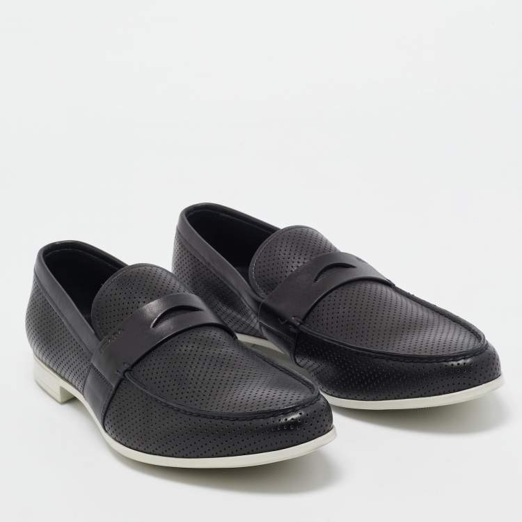 Pre Owned Prada Navy Blue Perforated Leather Slip On Loafers Size 43