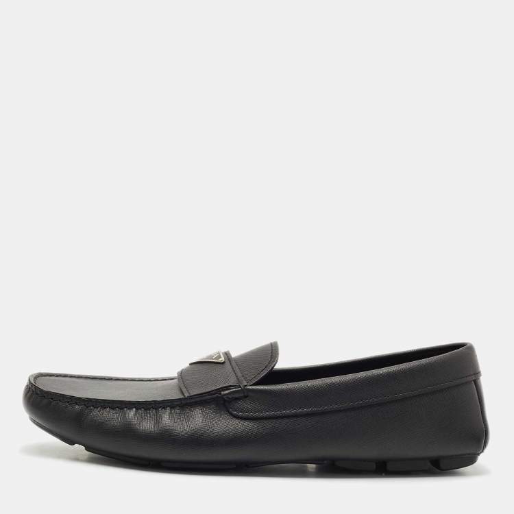 Pre Owned Prada Black Leather Slip On Loafers Size 45