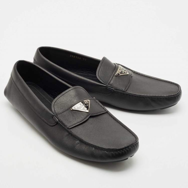 Pre Owned Prada Black Leather Slip On Loafers Size 45