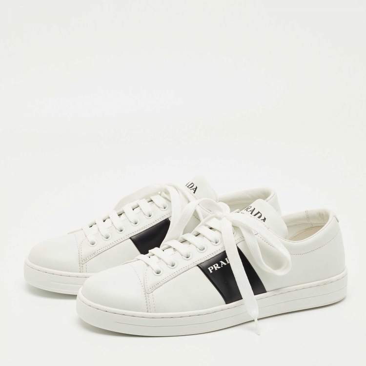 Pre Owned Prada White/Black Leather Low Top Sneakers Size 40