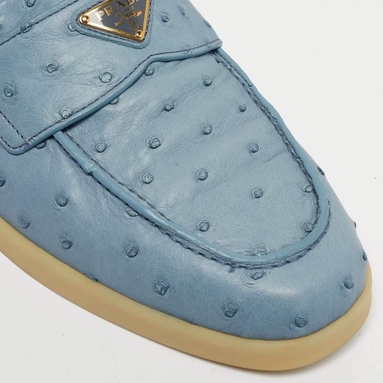 Pre Owned Prada Blue Ostrich Leather Slip On Loafers Size 43