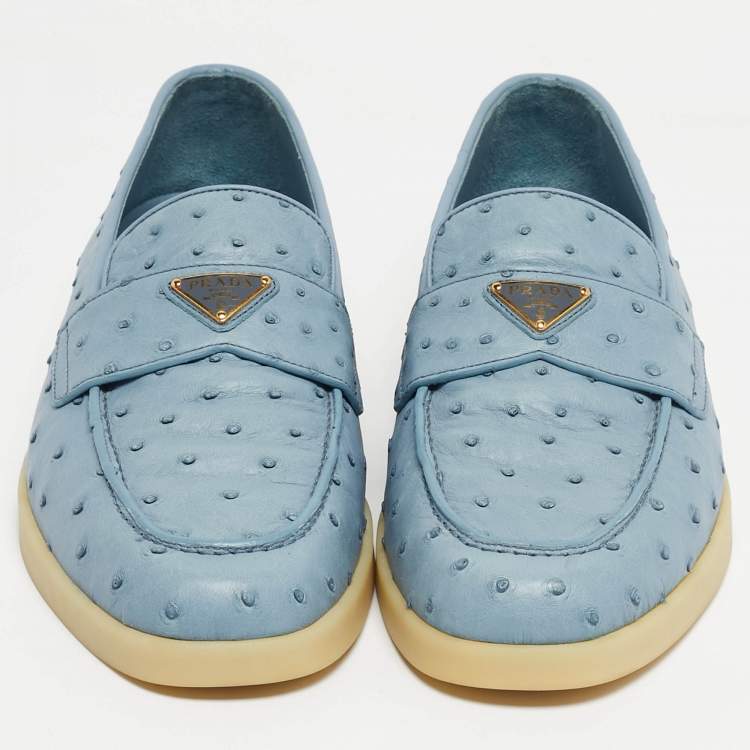 Pre Owned Prada Blue Ostrich Leather Slip On Loafers Size 43
