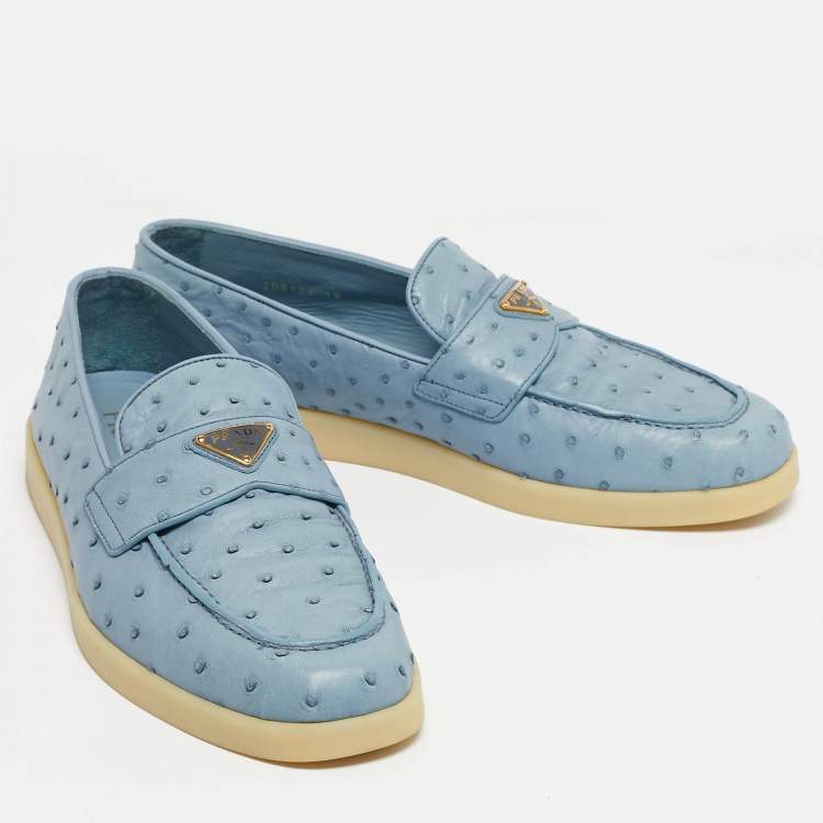 Pre Owned Prada Blue Ostrich Leather Slip On Loafers Size 43