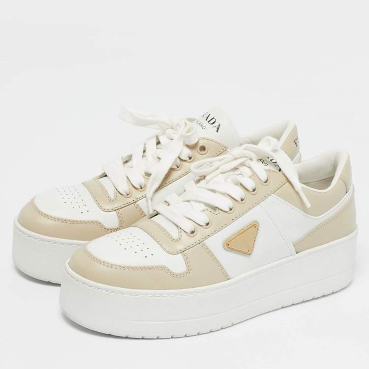 Pre Owned Prada Cream/White Leather Downtown Lace Up Sneakers Size 39