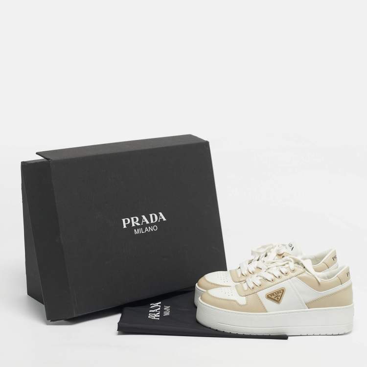 Pre Owned Prada Cream/White Leather Downtown Lace Up Sneakers Size 39