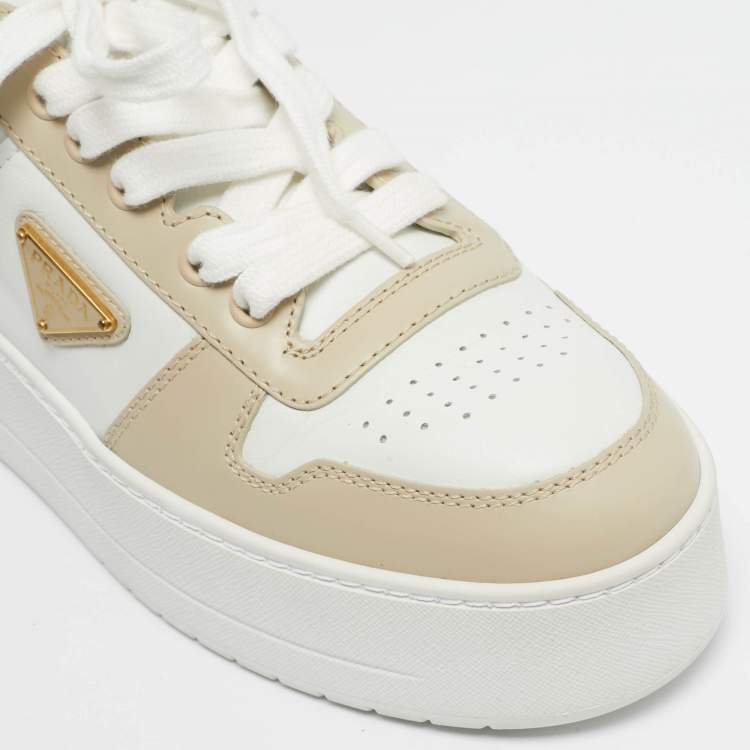 Pre Owned Prada Cream/White Leather Downtown Lace Up Sneakers Size 39