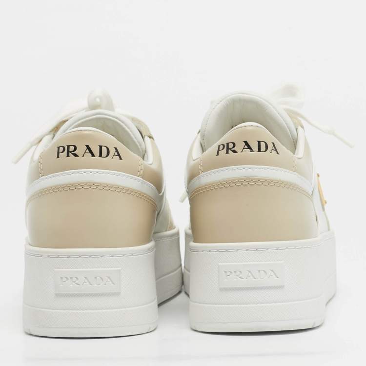 Pre Owned Prada Cream/White Leather Downtown Lace Up Sneakers Size 39