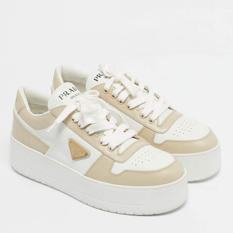 Pre Owned Prada Cream/White Leather Downtown Lace Up Sneakers Size 39