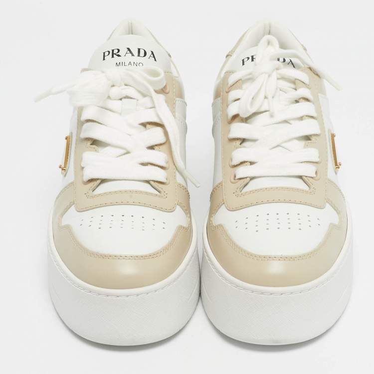 Pre Owned Prada Cream/White Leather Downtown Lace Up Sneakers Size 39