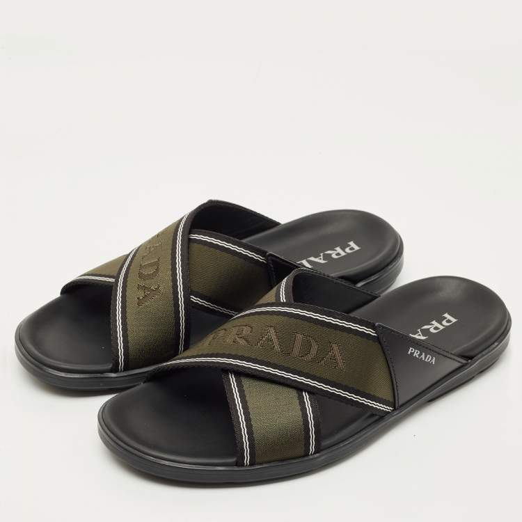 Pre Owned Prada Green /Black Leather and Canvas Logo Tape Crisscross Slide Sandals Size 42