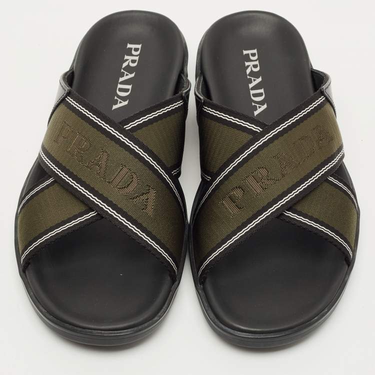 Pre Owned Prada Green /Black Leather and Canvas Logo Tape Crisscross Slide Sandals Size 42