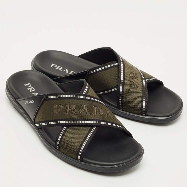 Pre Owned Prada Green /Black Leather and Canvas Logo Tape Crisscross Slide Sandals Size 42