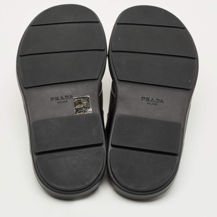 Pre Owned Prada Green /Black Leather and Canvas Logo Tape Crisscross Slide Sandals Size 42