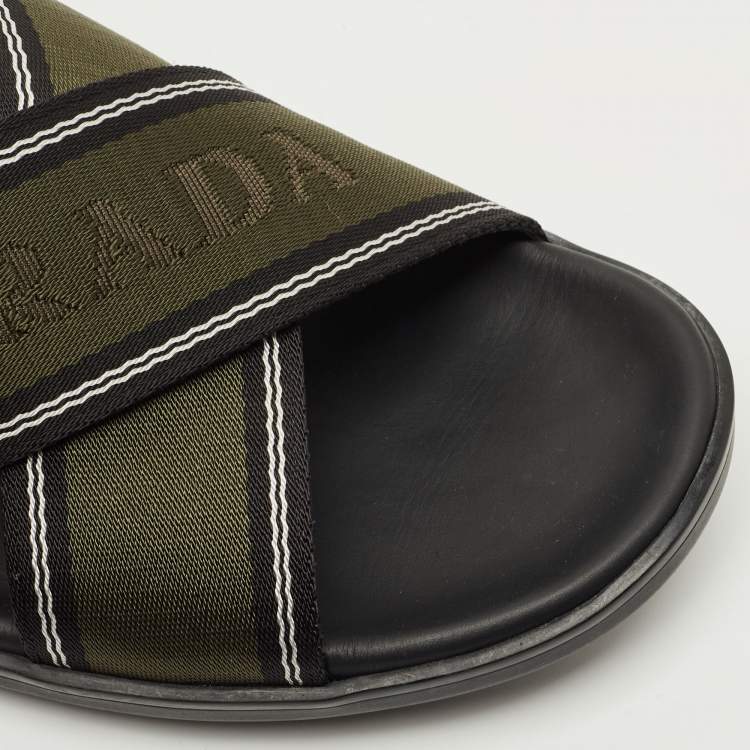 Pre Owned Prada Green /Black Leather and Canvas Logo Tape Crisscross Slide Sandals Size 42