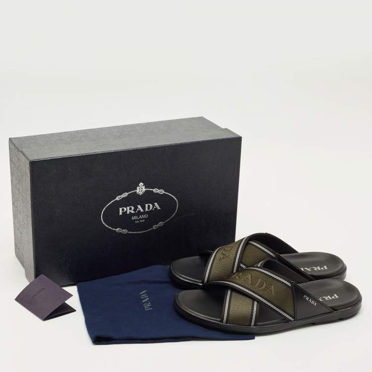 Pre Owned Prada Green /Black Leather and Canvas Logo Tape Crisscross Slide Sandals Size 42