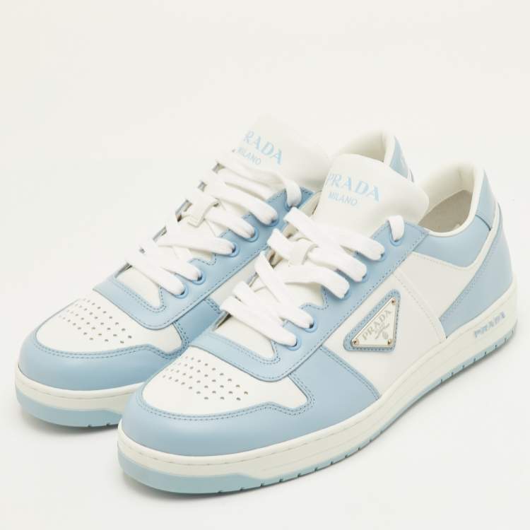Pre Owned حذاء رياضي برادا جلد أبيض/أزرق داونتاون بعنق قصير مقاس 41