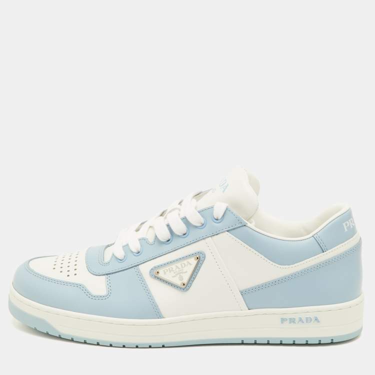 Pre Owned حذاء رياضي برادا جلد أبيض/أزرق داونتاون بعنق قصير مقاس 41