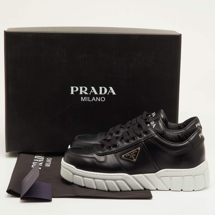 Pre Owned Prada Logo Plaque Size 41.5 Black Leather Lace Up Sneakers