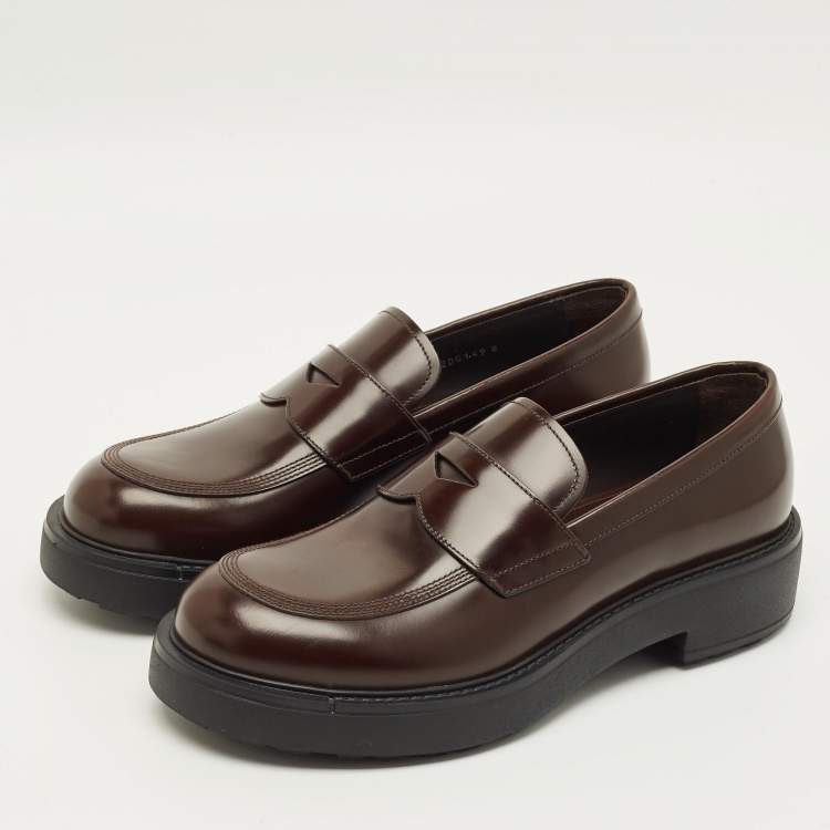 Pre Owned Prada Size 42 Dark Brown Leather Penny Loafers