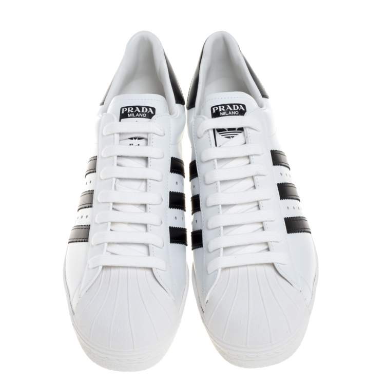 Pre Owned Prada x Adidas White/Black Leather Superstar Low Top Sneakers Size 44 2/3