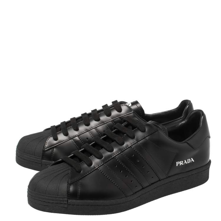 Pre Owned Prada x Adidas Black Leather Superstar Low Top Sneakers Size 44 2/3