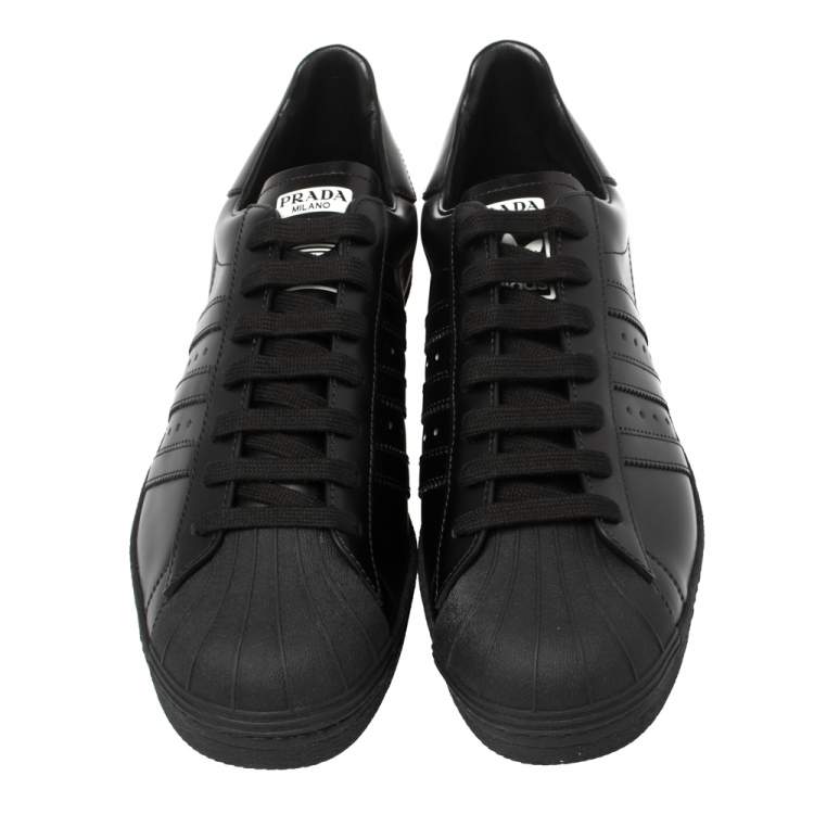 Pre Owned Prada x Adidas Black Leather Superstar Low Top Sneakers Size 44 2/3