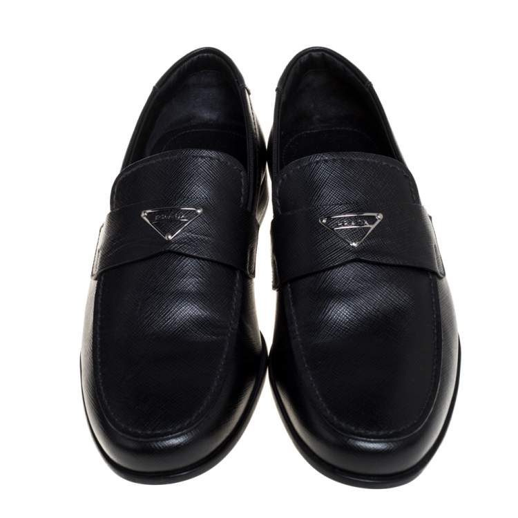Pre Owned  Prada Black Saffiano Leather Logo Loafers Size 40.5