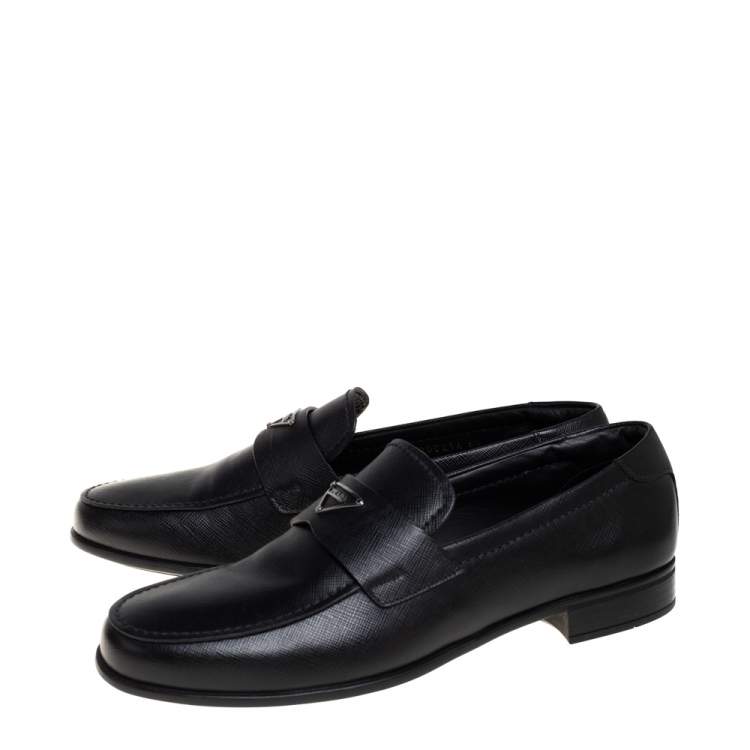 Pre Owned  Prada Black Saffiano Leather Logo Loafers Size 40.5