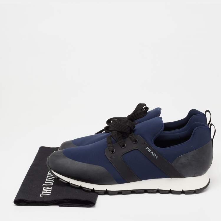 Pre Owned Prada Navy Blue/Black Nylon And Leather Lace-Up Low Top Sneakers Size 43.5