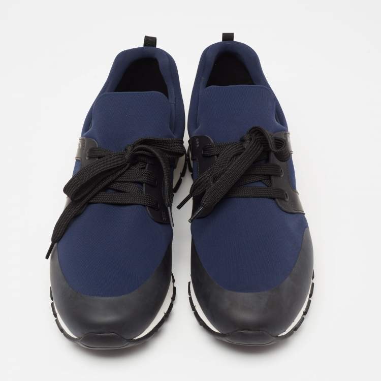 Pre Owned Prada Navy Blue/Black Nylon And Leather Lace-Up Low Top Sneakers Size 43.5