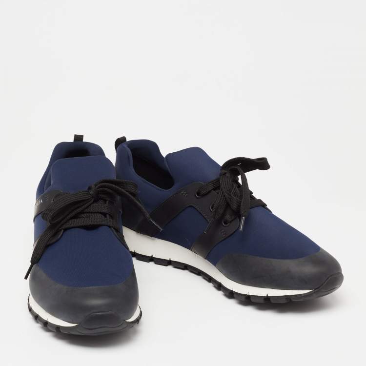 Pre Owned Prada Navy Blue/Black Nylon And Leather Lace-Up Low Top Sneakers Size 43.5