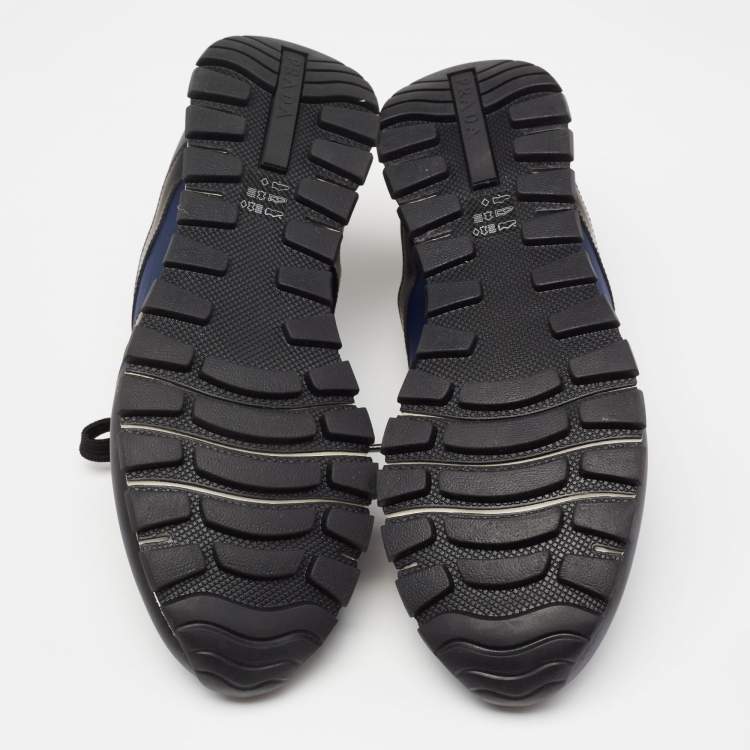 Pre Owned Prada Navy Blue/Black Nylon And Leather Lace-Up Low Top Sneakers Size 43.5