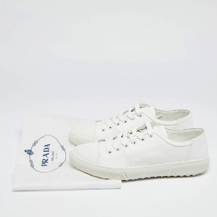 Pre Owned  Prada White Leather And Canvas Lace Up sneakers Size 44.5