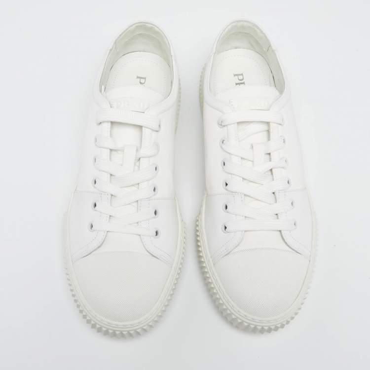Pre Owned  Prada White Leather And Canvas Lace Up sneakers Size 44.5