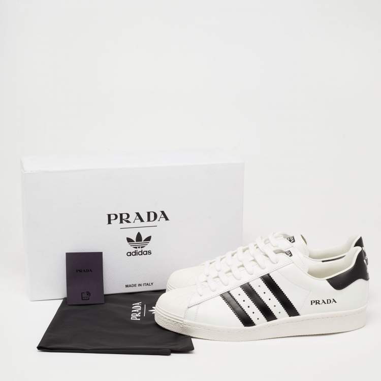 Pre Owned Prada x Adidas White/Black Leather Superstar Low Top Sneakers  Size 44.5